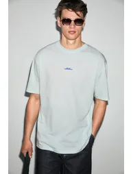 GRIMELANGE EXOTIC Men's 100% Organic Cotton Printed Detail Relaxed Fit Blue T-Shirt - 1