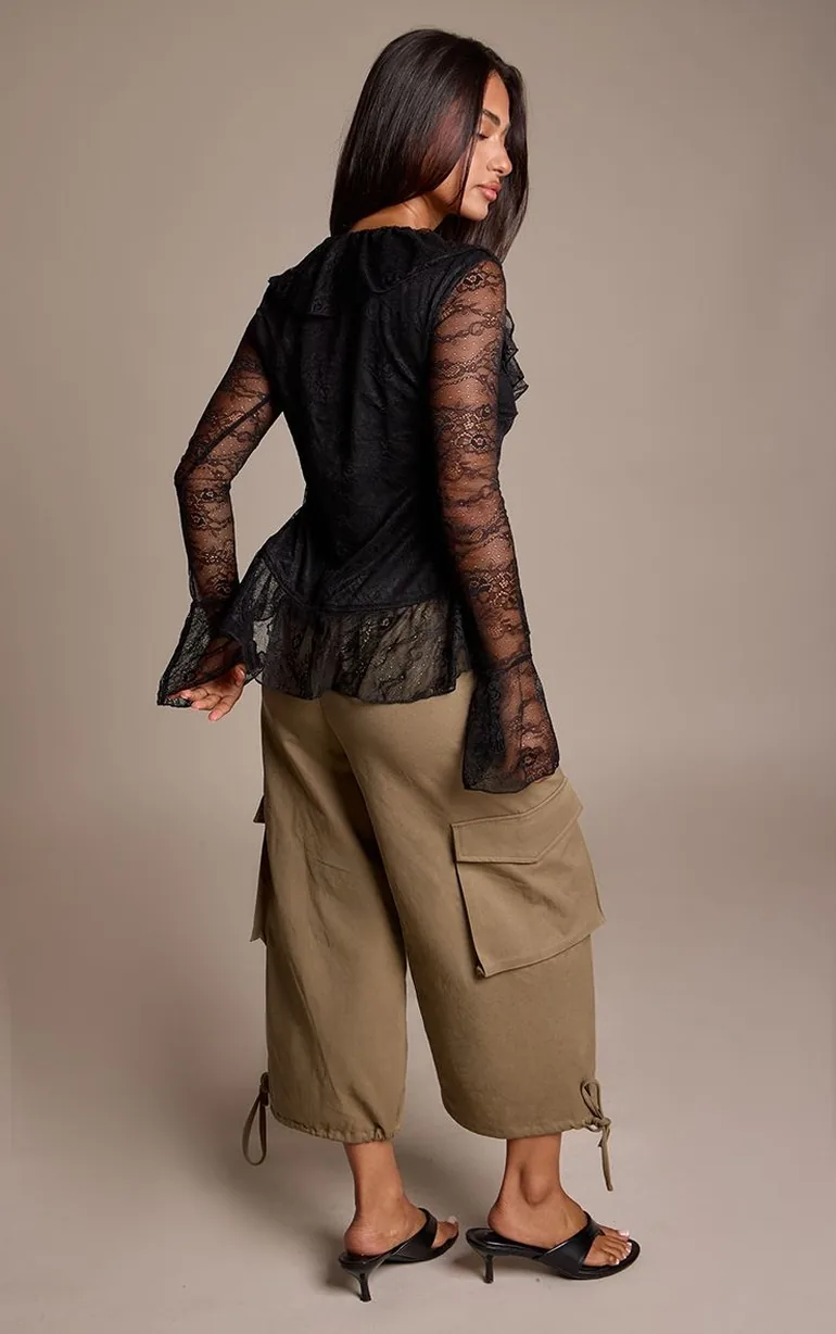 Petite Khaki Elasticated Waist Twill Cropped Cargo Trousers - 2