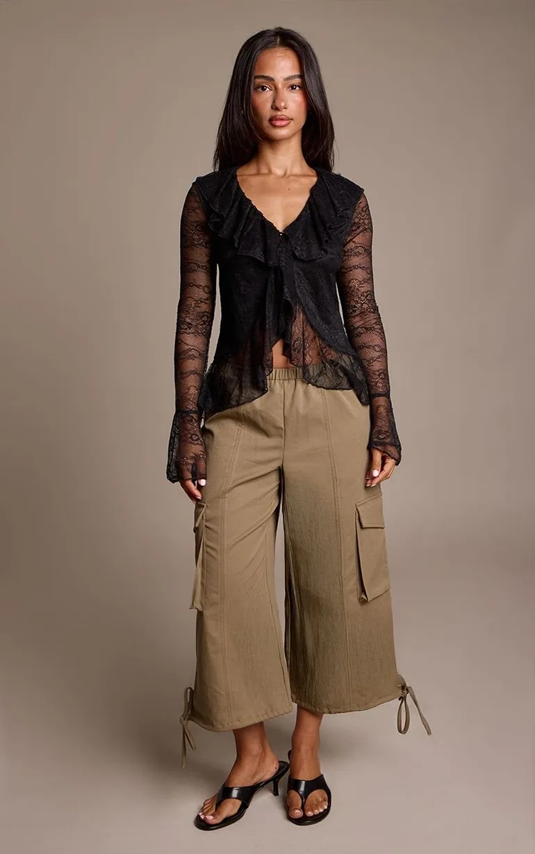 Petite Khaki Elasticated Waist Twill Cropped Cargo Trousers