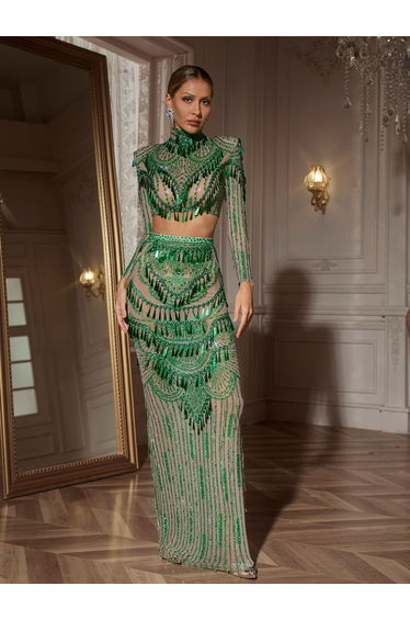 Cythina Long Sleeve Sequin Skirt Set