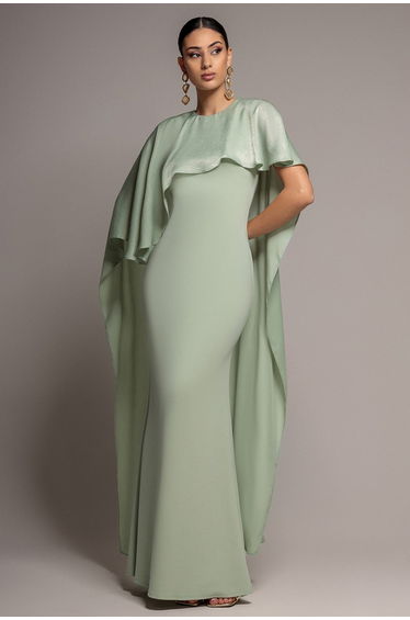 Scoop Neck Cape Sleeve Maxi Dress - Sage Green by Goddiva