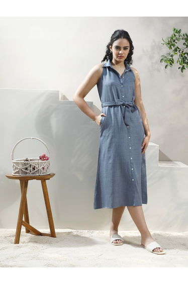Blue Linen Sleeveless Midi Shirt Dress