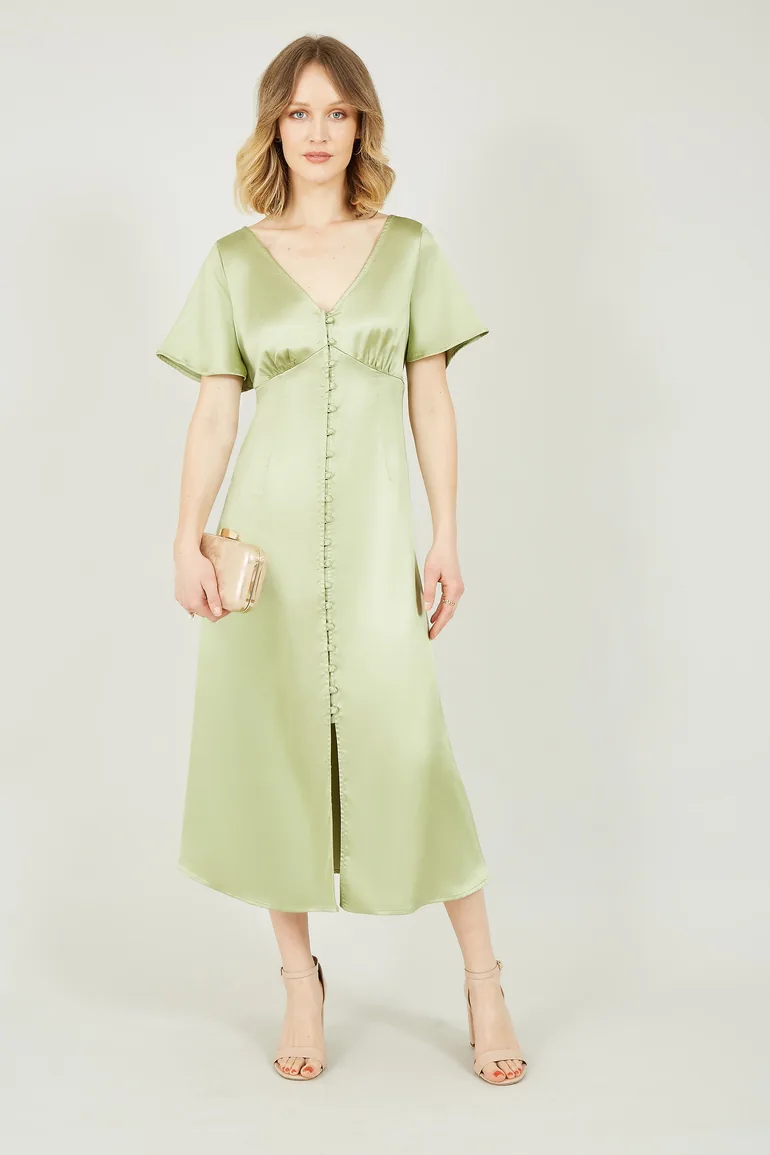 green satin button dress Final Sale Plus Size Satin Collar Button Up Dress with Attached Belt and Ruched Bottom in Hunter Green