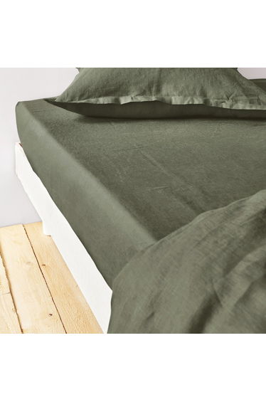 Khaki Washed Linen Fitted Sheet