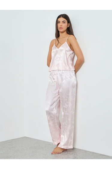 Light Pink Floral Satin Cami and Pyjama Set