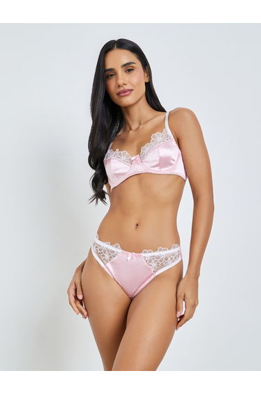 Velvet Non-Padded Wired Balconette Bra and Briefs Set with Floral Lace Edge