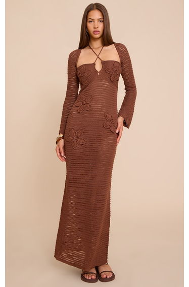 Chocolate Flower Applique Long Sleeve Crochet Maxi Dress