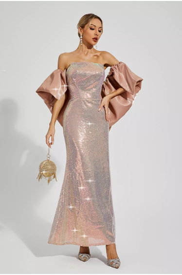 Whitley Apricot Sequins Off-shoulder Dress