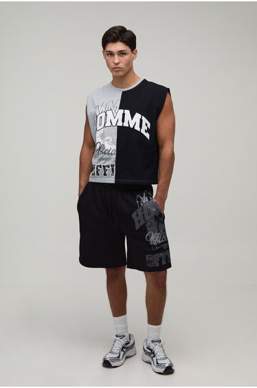 Boxy Length Spliced Homme Applique Tank & Baggy Short Set - grey marl