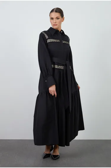 فستان بوبلين بدانتيل - أسود