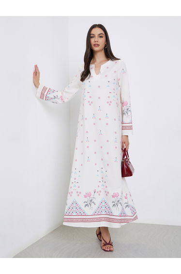 White All Over Print Long Sleeves Jalabiya