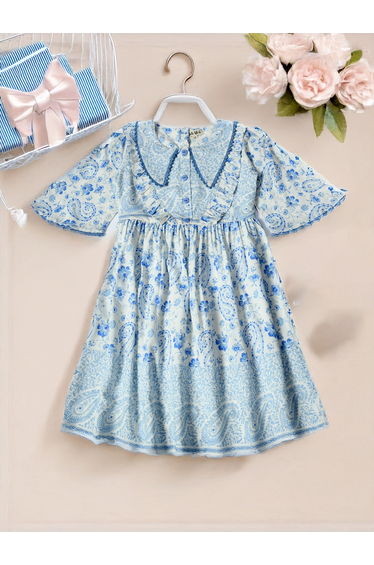 All-Over Print Lace Trim Cotton Dress with 3/4 Sleeves