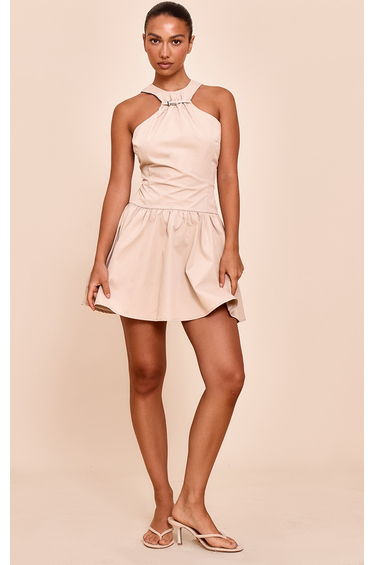 Stone Belt Detail Sleeveless Pleated Shift Dress