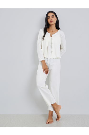 Cream Ribbed Cami with Buttoned Shirt and Pyjama Set