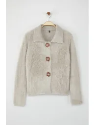 Mink Rose Button Detailed Boucle Yarn Wide Pattern Knitwear Cardigan - 4