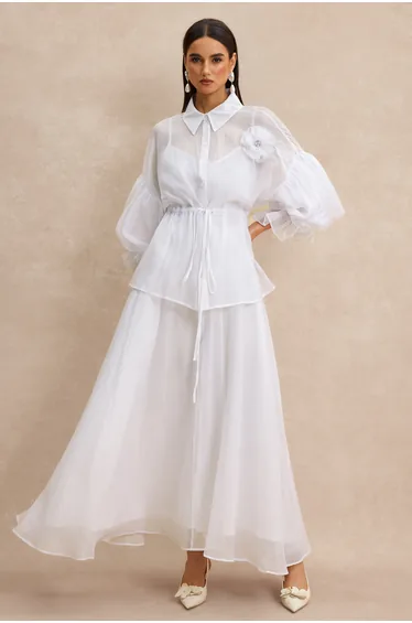 3D Flower Shirring Top & Slip Midi Dress Set