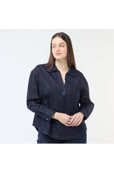 Straight-Cut Denim Blouse BLUE
