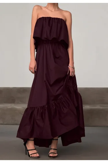 Easy Elegance Flap Strapless Ruffled Cotton Maxi Dress in Plum for Outdoor Parties & Casual Events