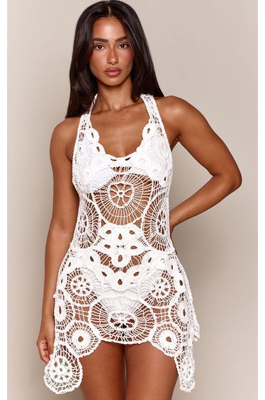 Petite Cream Tie Neck Scalloped Hem Crochet Mini Dress