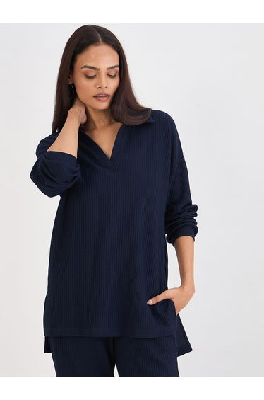Women Navy Blue Long Sleeve Waffle Knit Top