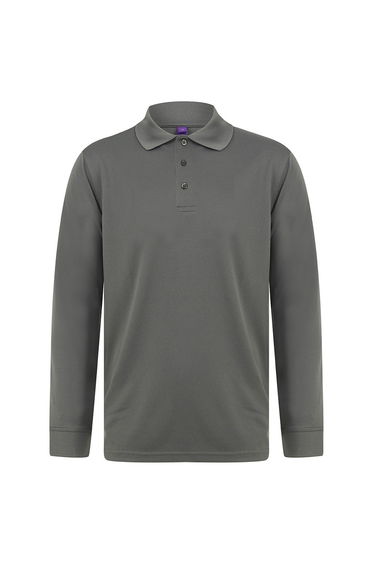 Henbury Mens Coolplus Moisture Wicking Long Sleeve Polo Shirt - Charcoal Grey