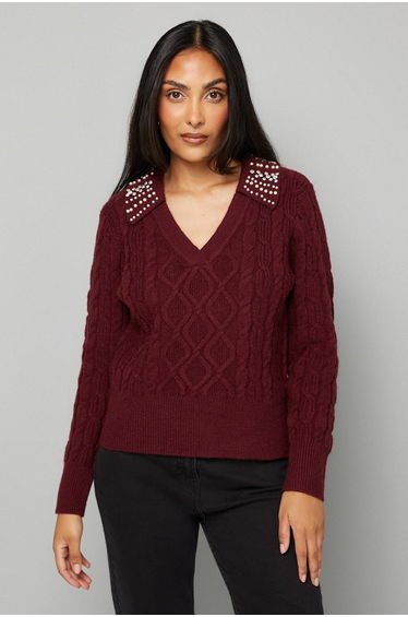 Petite Cable Embellished Polo Collar Jumper