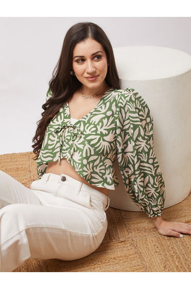 Women Green Bishop Sleeves Abstract Print Top