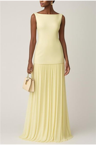 Sleeveless Gauze Pleated Solid Color Split-Joint Boat Neck Evening Dresses Maxi Dresses