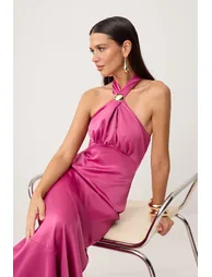 Fuchsia Plain Accessory Detailed Woven Satin Maxi Unlined Graduation/Prom Dress - 1