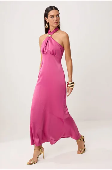 Fuchsia Plain Accessory Detailed Woven Satin Maxi Unlined Graduation/Prom Dress