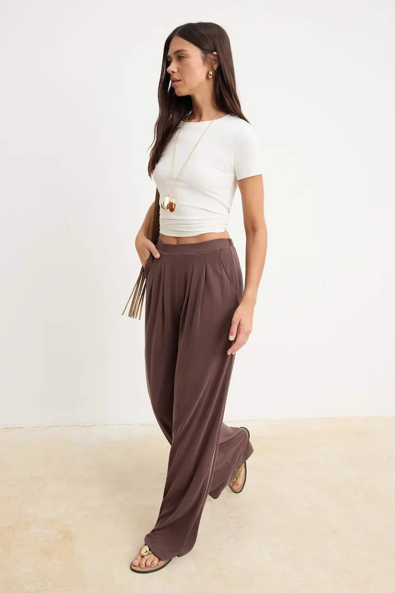 Brown More Sustainable Soft Textured Modal Wide Leg/Knit Wide Cut Pants - 1