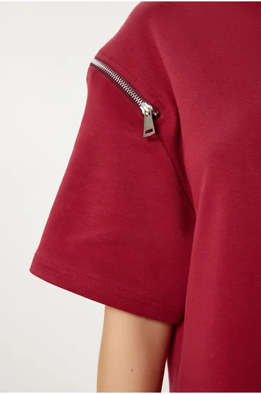 Women's Burgundy Zipper Detailed Long Loose Knitted Dress