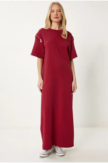 Women's Burgundy Zipper Detailed Long Loose Knitted Dress