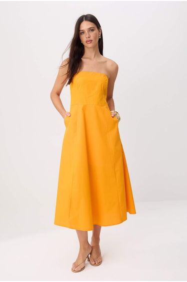 Orange Strapless Poplin Maxi Woven Dress