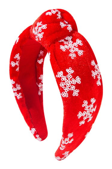 Knotted Snowflake Sequin Velvet Wide Headband in Red