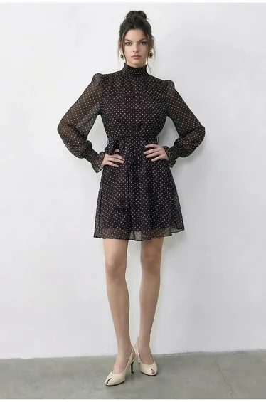 LUCCI Polka Dot Half Turtleneck Mini Dress with Belt