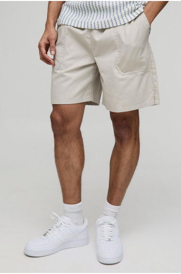 Elasticated Baggy Twill Split Hem Shorts - stone