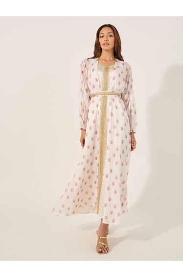 Floral Print Lace Trim Belted Kaftan with Inner Satin Dress
