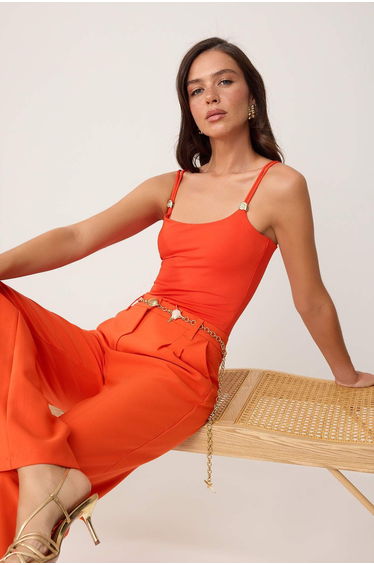 Pomegranate Blossom Fitting to the Body Pool Collar Sleeveless Accessory Detail Snap Fastener Flexible Knitted Bodysuit