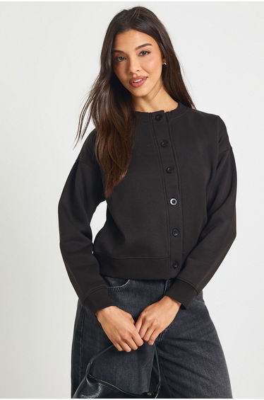 High Neck Fleece Cardigan - black