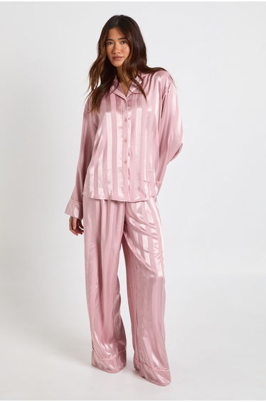 Jacquard Satin Oversized Long Sleeve Shirt & Trouser Pyjama Set - pink
