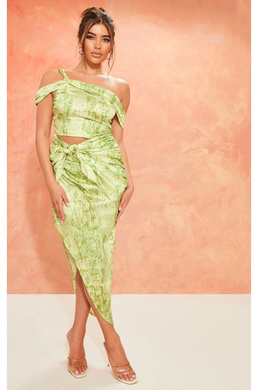 Lime Renaissance Print Satin One Shoulder Knot Detail Maxi Dress