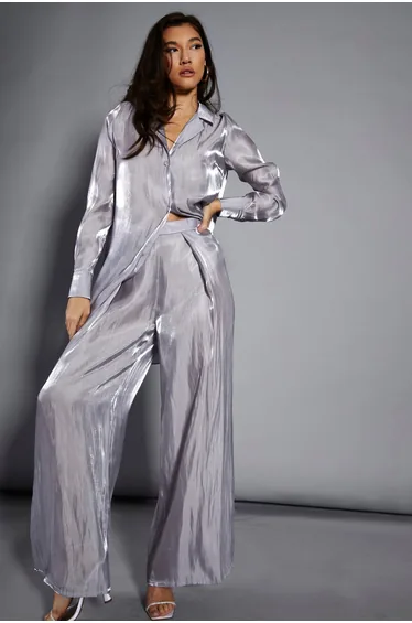 Glamorous Studio Grey Metallic Wide Leg High Waisted Trousers