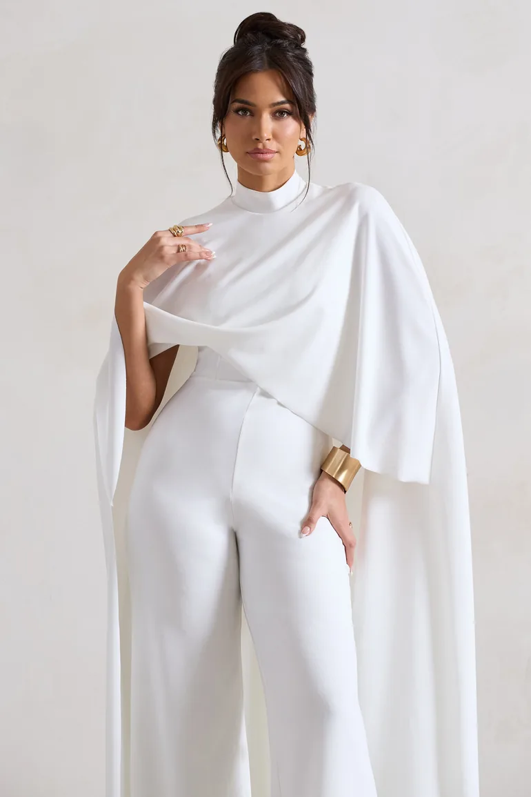 Indra | White High-Neck Wide-Leg Cape Jumpsuit - 2
