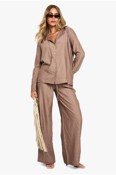 Crinkle Oversized Shirt & Trouser Co-ord - mocha