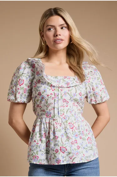 Square Neck Ruffle Peplum Printed Top