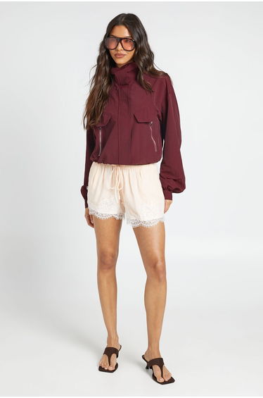 Nylon Funnel Neck Elasticated Waist Track Top - plum