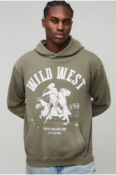 Washed Khaki Oversized Boxy Western Printed Hoodie - washed khaki