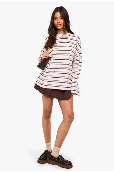 Striped Cotton Pocket Front Long Sleeve Top - pink