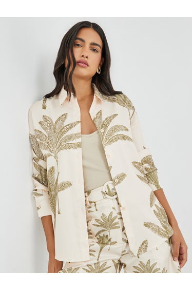 Tropical Print Spread Collar Shirt